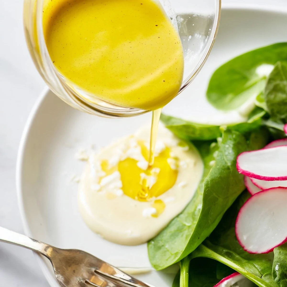 Glass jar of bright yellow lemon dressing topped with zest and fresh herbs