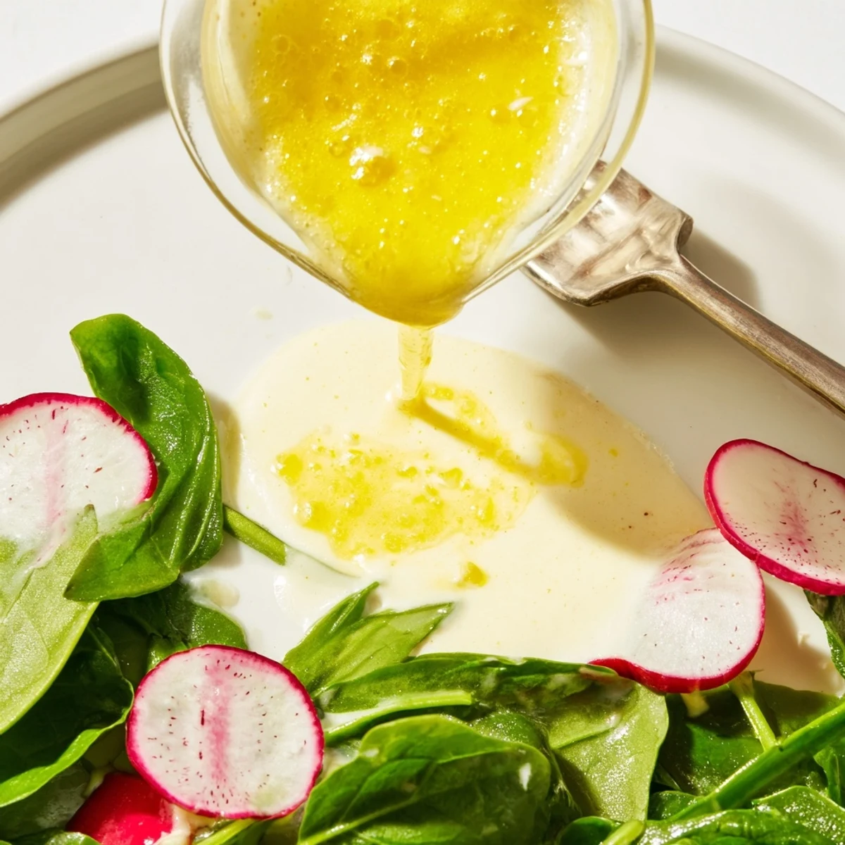 Golden creamy lemon vinaigrette drizzled over fresh mixed greens in a white bowl