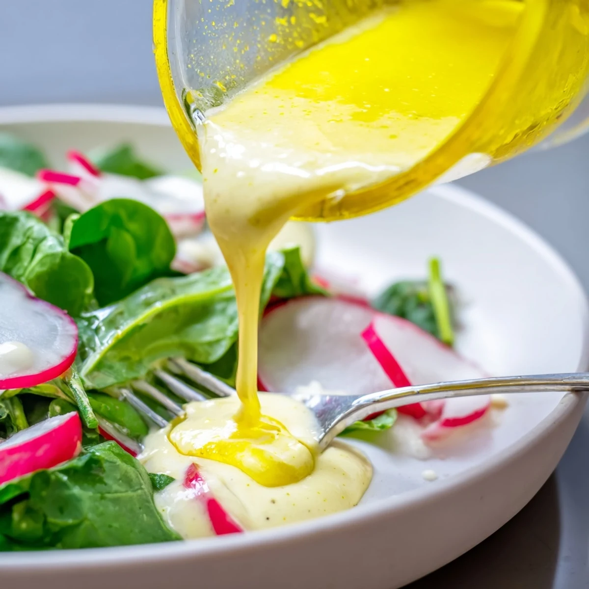 Thick smooth lemon vinaigrette coated salad ingredients with vibrant citrus shine visible