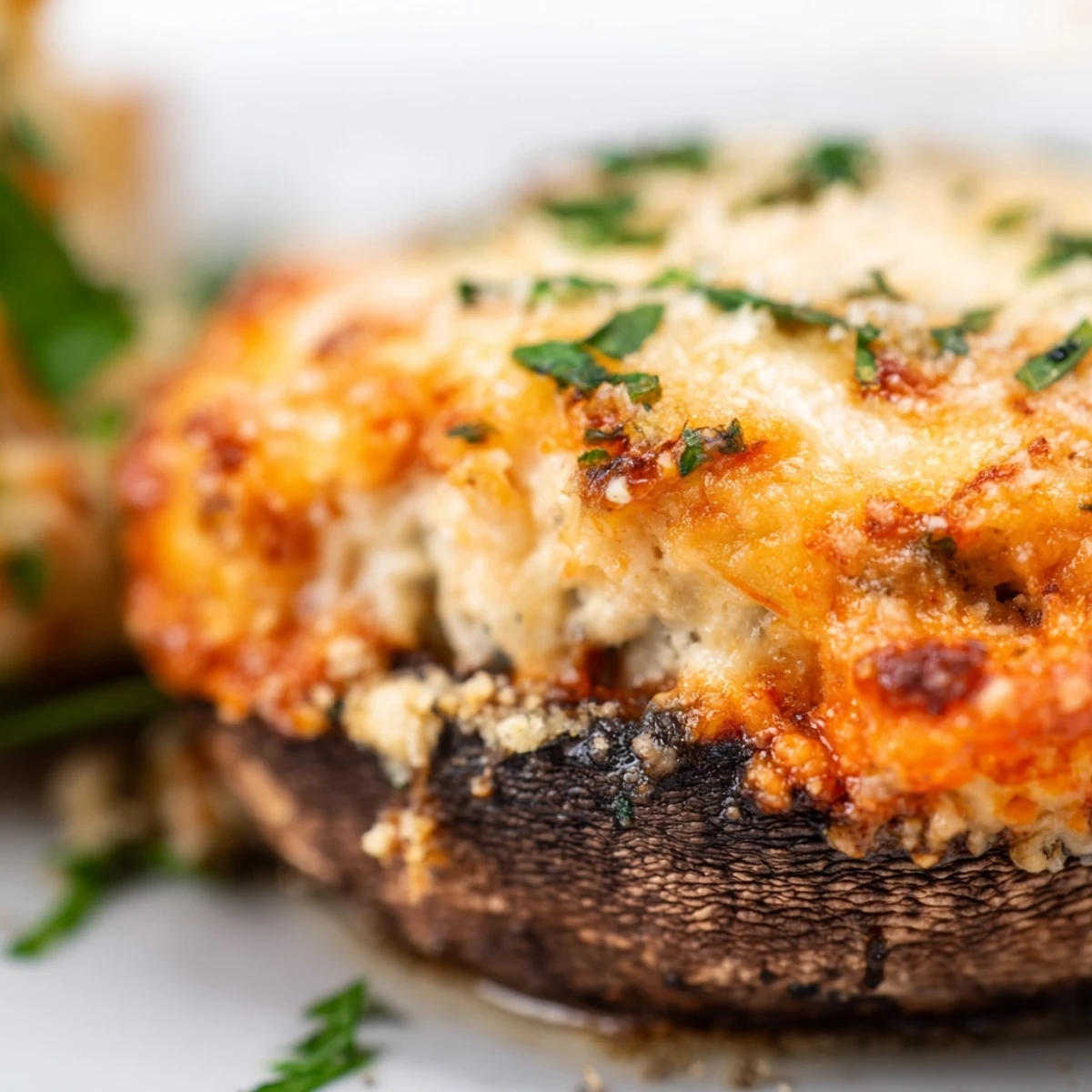 Golden baked portobello mushrooms stuffed with ricotta filling and melted mozzarella cheese