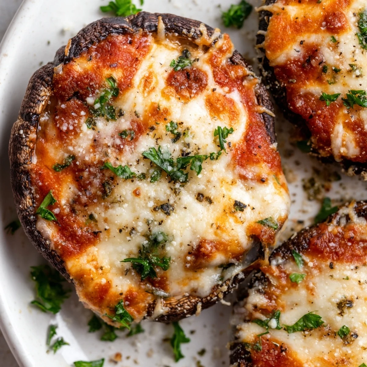 Hearty stuffed lasagna portobellos topped with bubbling marinara sauce and fresh basil garnish