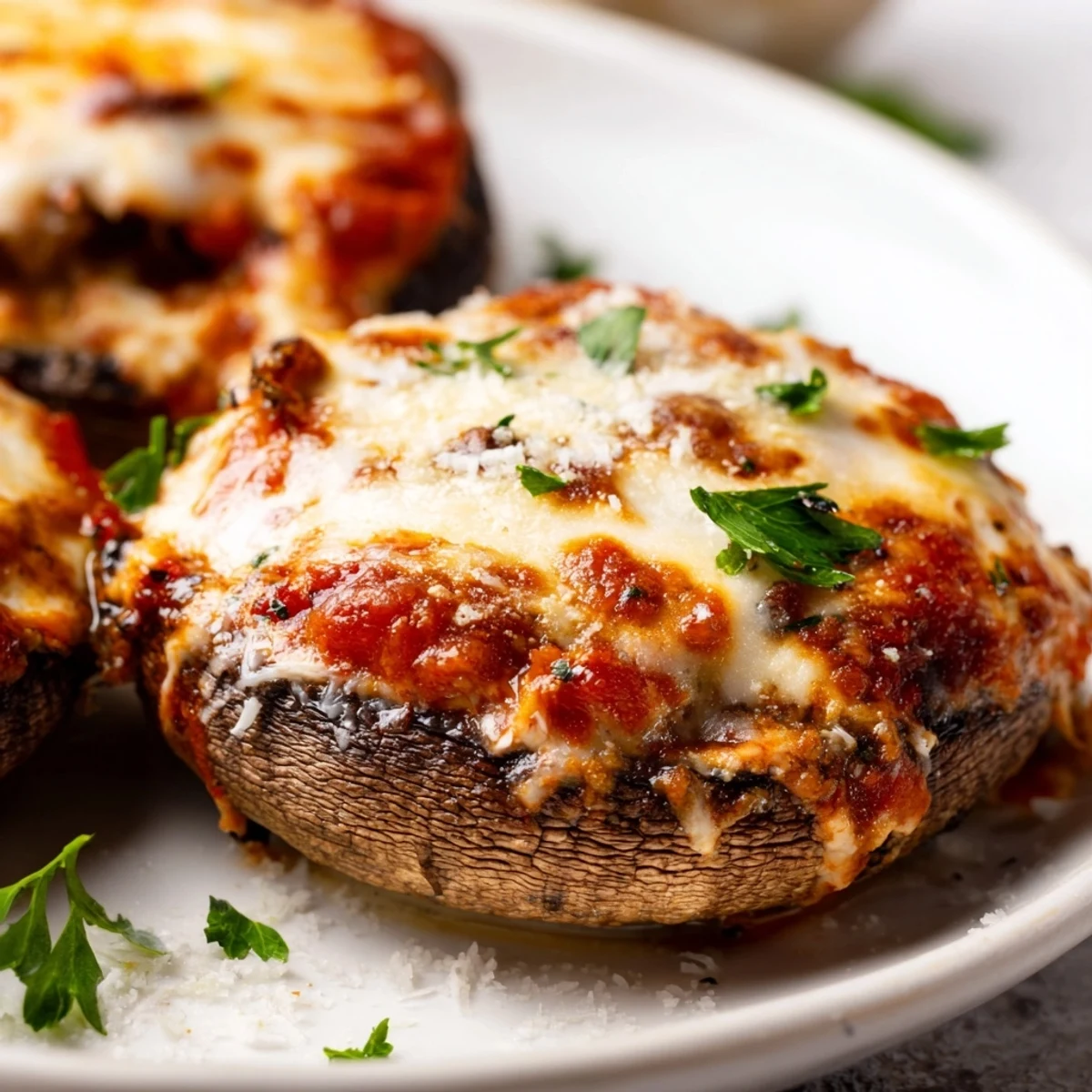Low-carb portobello mushroom caps filled with cheesy ricotta mixture and savory tomato sauce