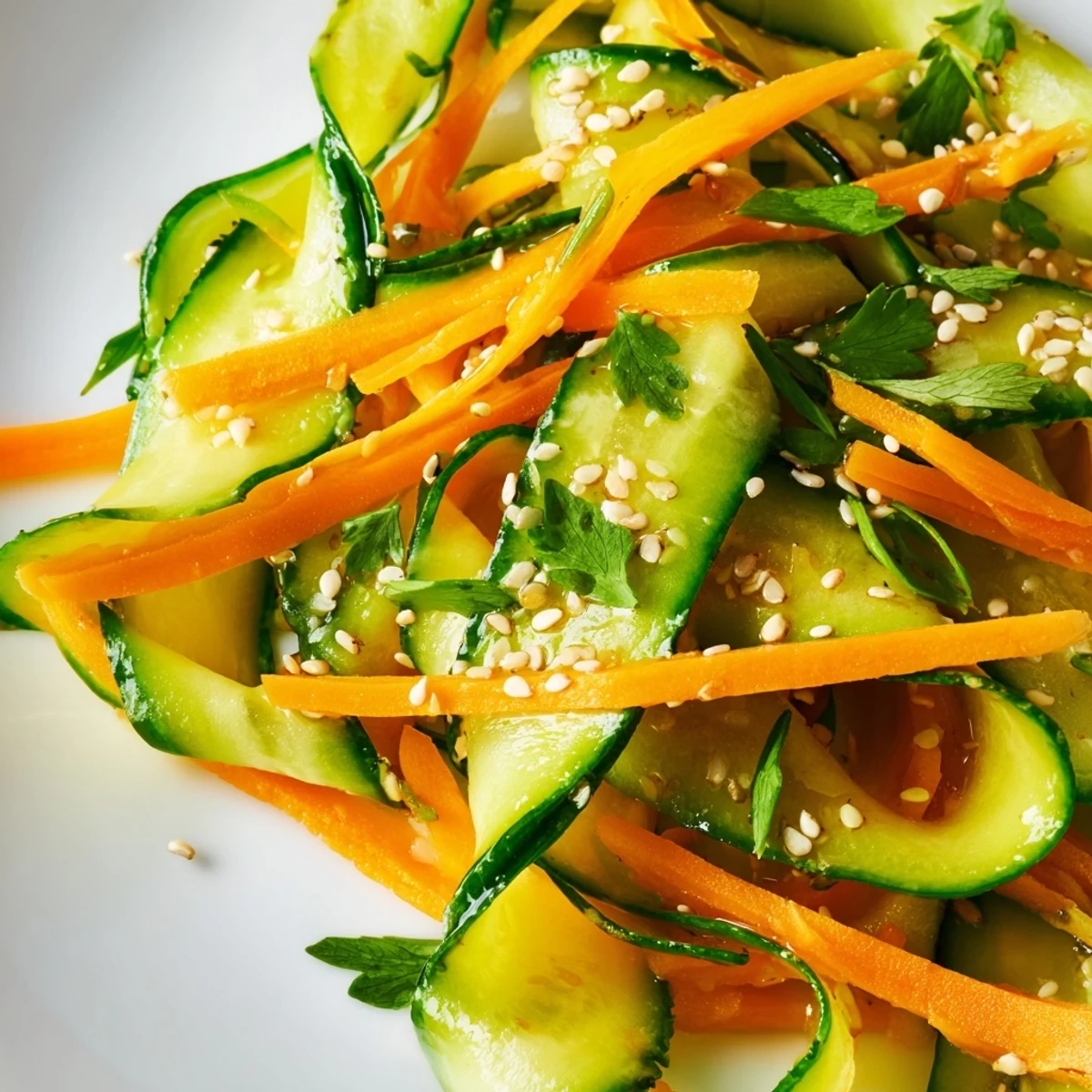 Crisp Asian cucumber salad served in a white bowl showcasing vibrant green cucumbers marinated in savory garlic ginger vinaigrette