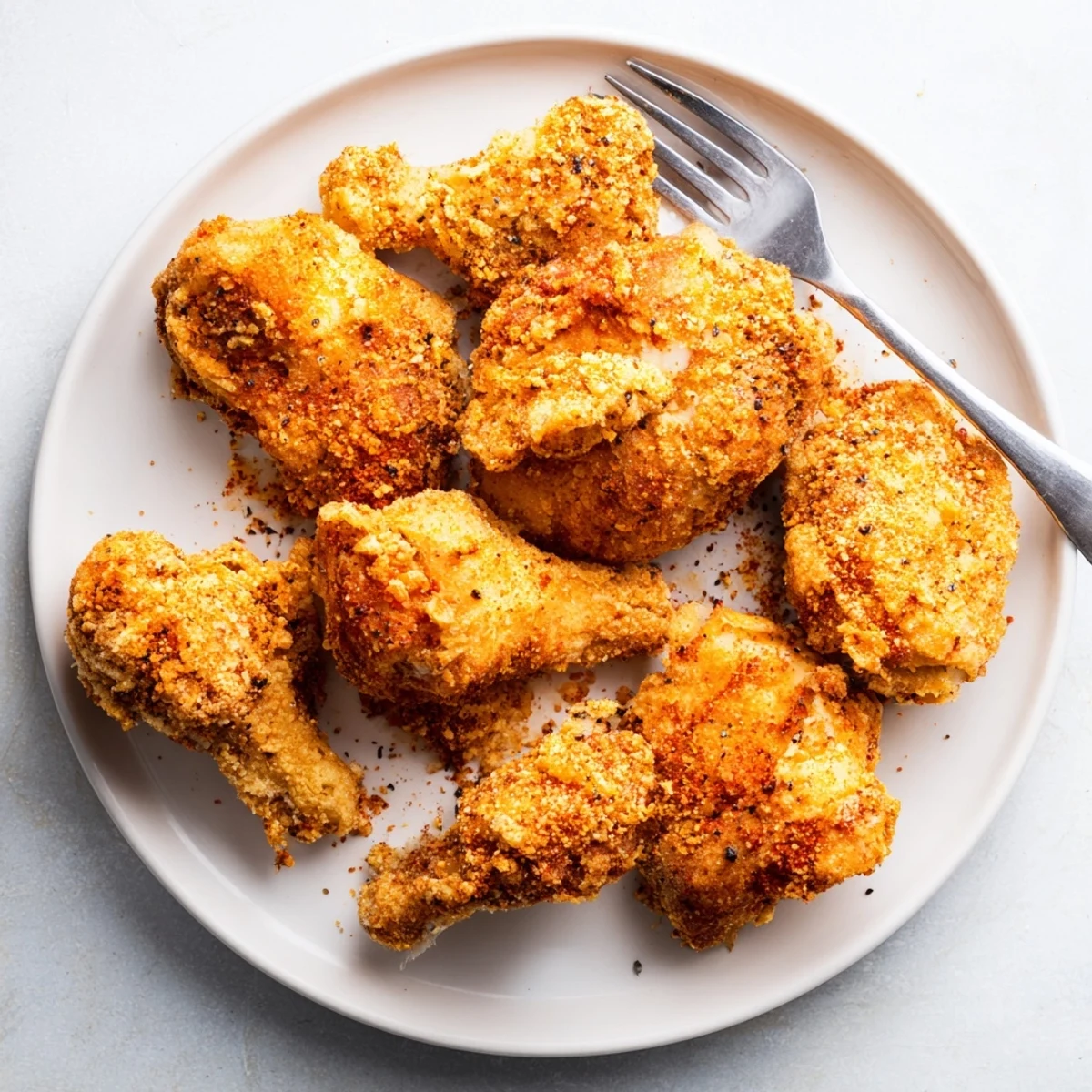 Southern-style chicken fried chicken pieces featuring double-dipped flour coating and golden brown texture