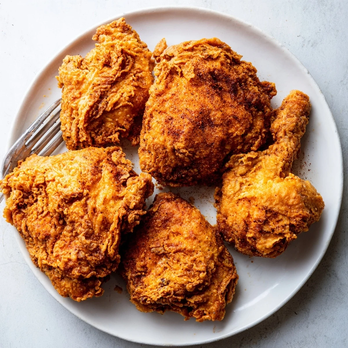 Golden crispy chicken fried chicken with crunchy seasoned coating on white plate