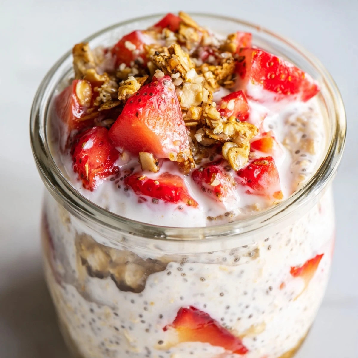 Glass jar layered with creamy strawberries and cream overnight oats topped with fresh sliced berries