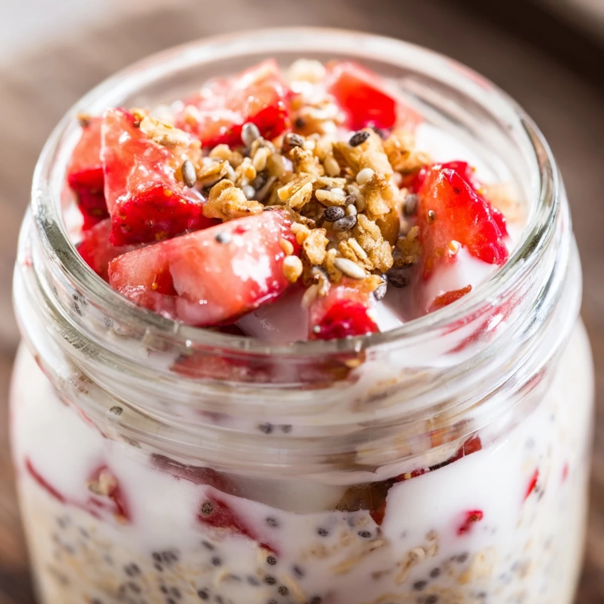 Mason jar filled with strawberry overnight oats featuring Greek yogurt and chia seed breakfast