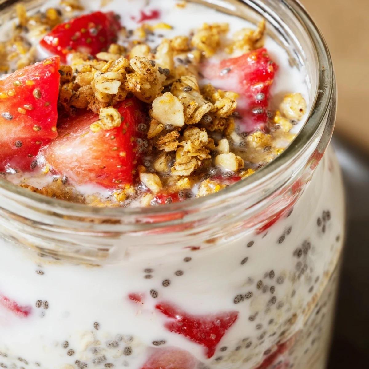 Close-up of strawberries and cream overnight oats with granola and fresh fruit toppings