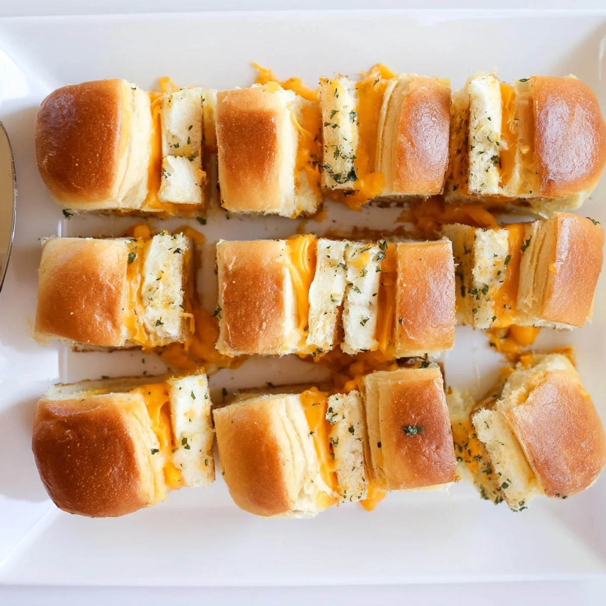 Golden mini grilled cheese Hawaiian rolls with melted cheddar on a wooden board