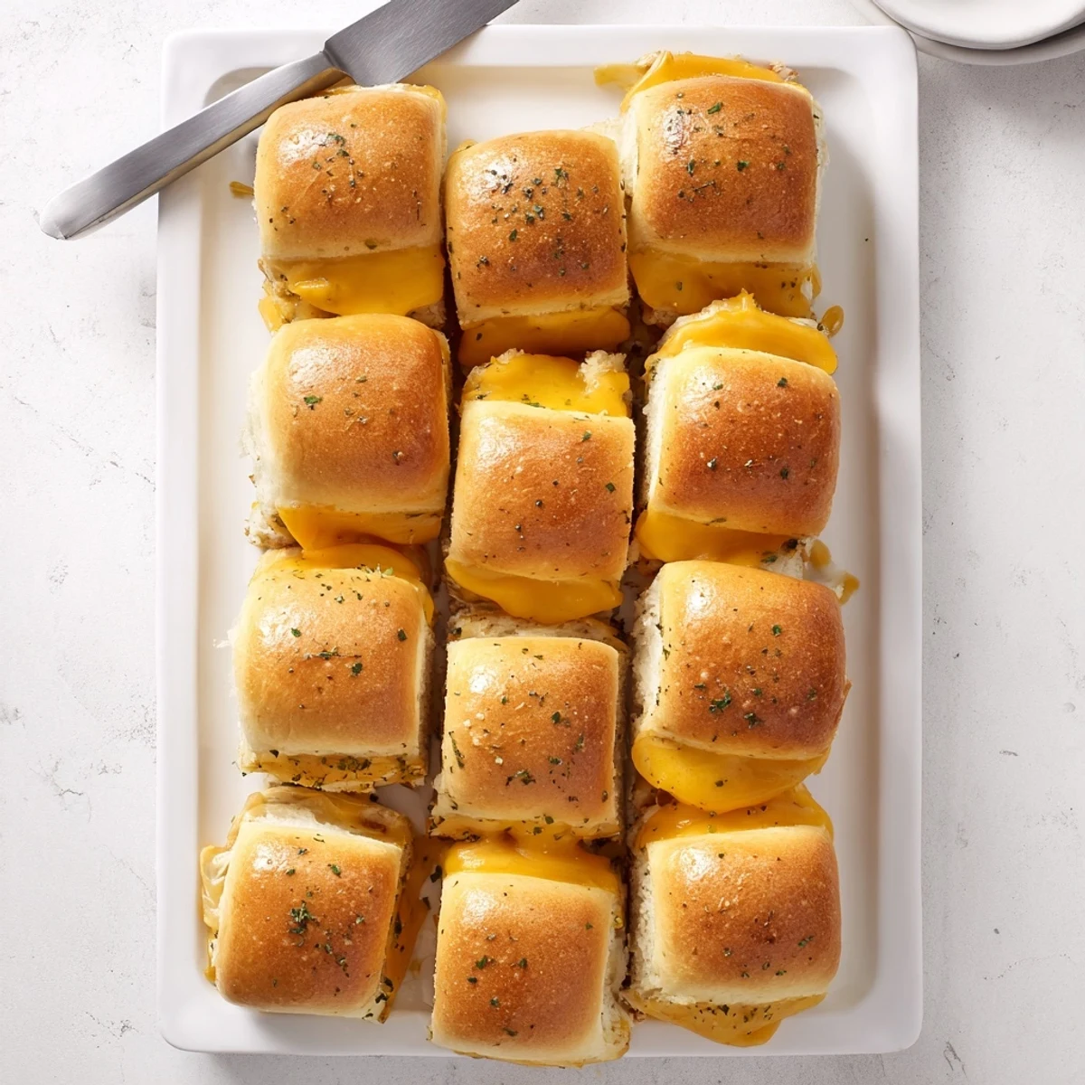 Butter brushed Hawaiian roll grilled cheese sandwiches arranged on a serving platter for parties