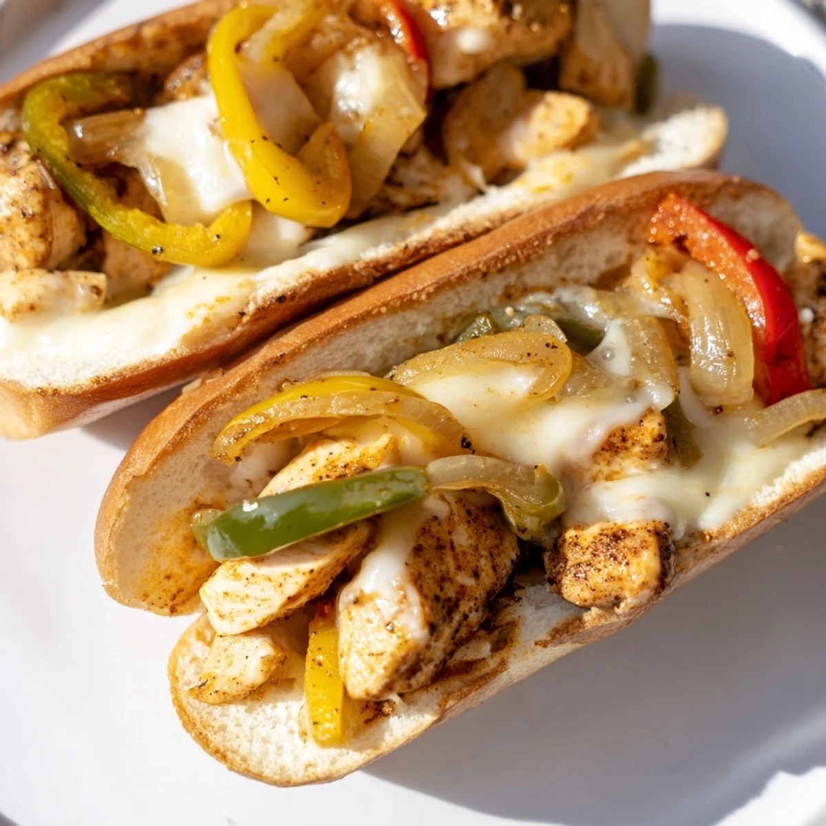Golden melted provolone cheese drapes over seasoned chicken and colorful peppers on a toasted hoagie roll in this ultimate chicken cheese steak sandwich.