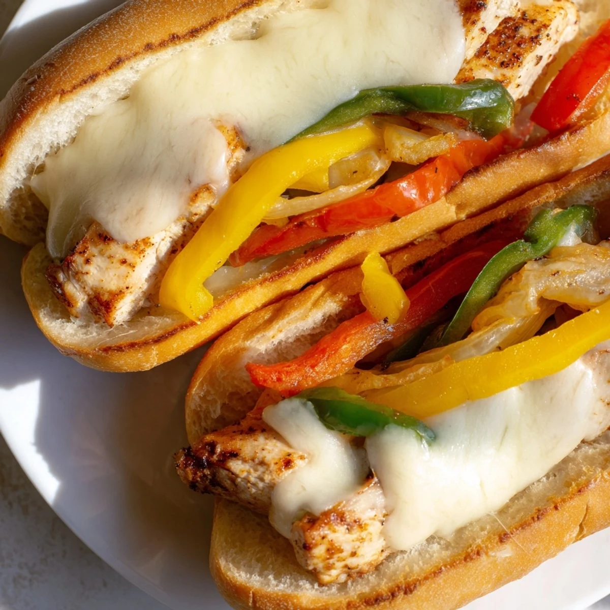 Sliced chicken breast pieces sizzle with sautéed red and green bell peppers nestled inside a buttery toasted sub roll loaded with melted provolone.