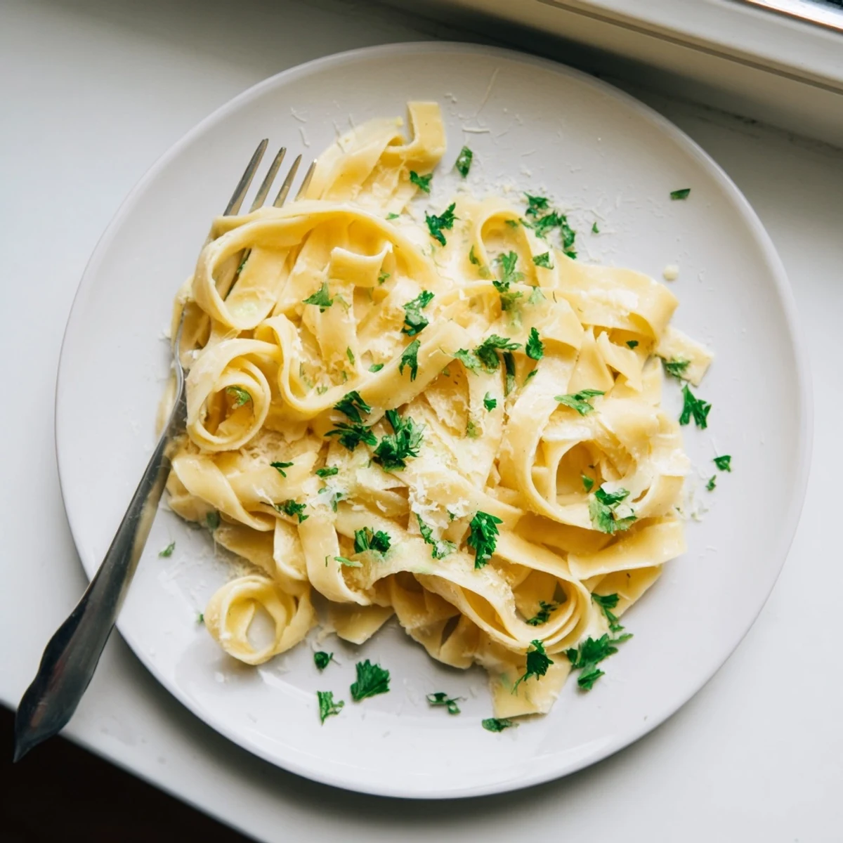 Golden fettuccine noodles coated in rich Parmesan cream sauce with parsley garnish
