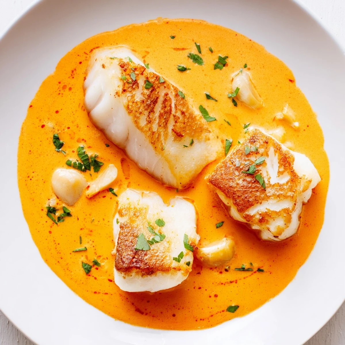 Golden pan-seared cod fillets nestled in a vibrant roasted red pepper cream sauce