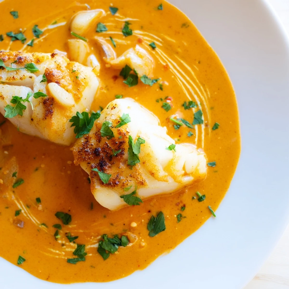 Flaky white cod swimming in smoky red pepper sauce garnished with fresh parsley