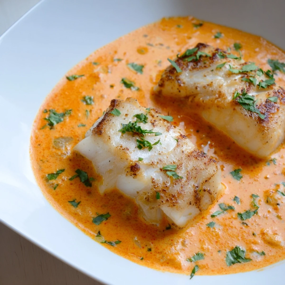 Tender baked cod topped with creamy Mediterranean roasted red pepper sauce and lemon