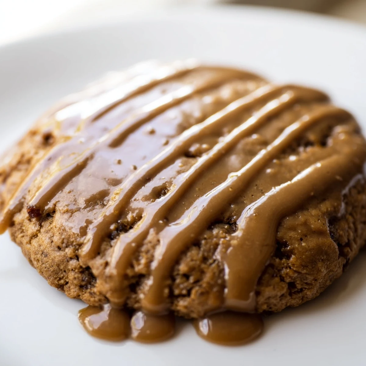 Golden brown sticky toffee pudding cookies drizzled with rich warm toffee glaze