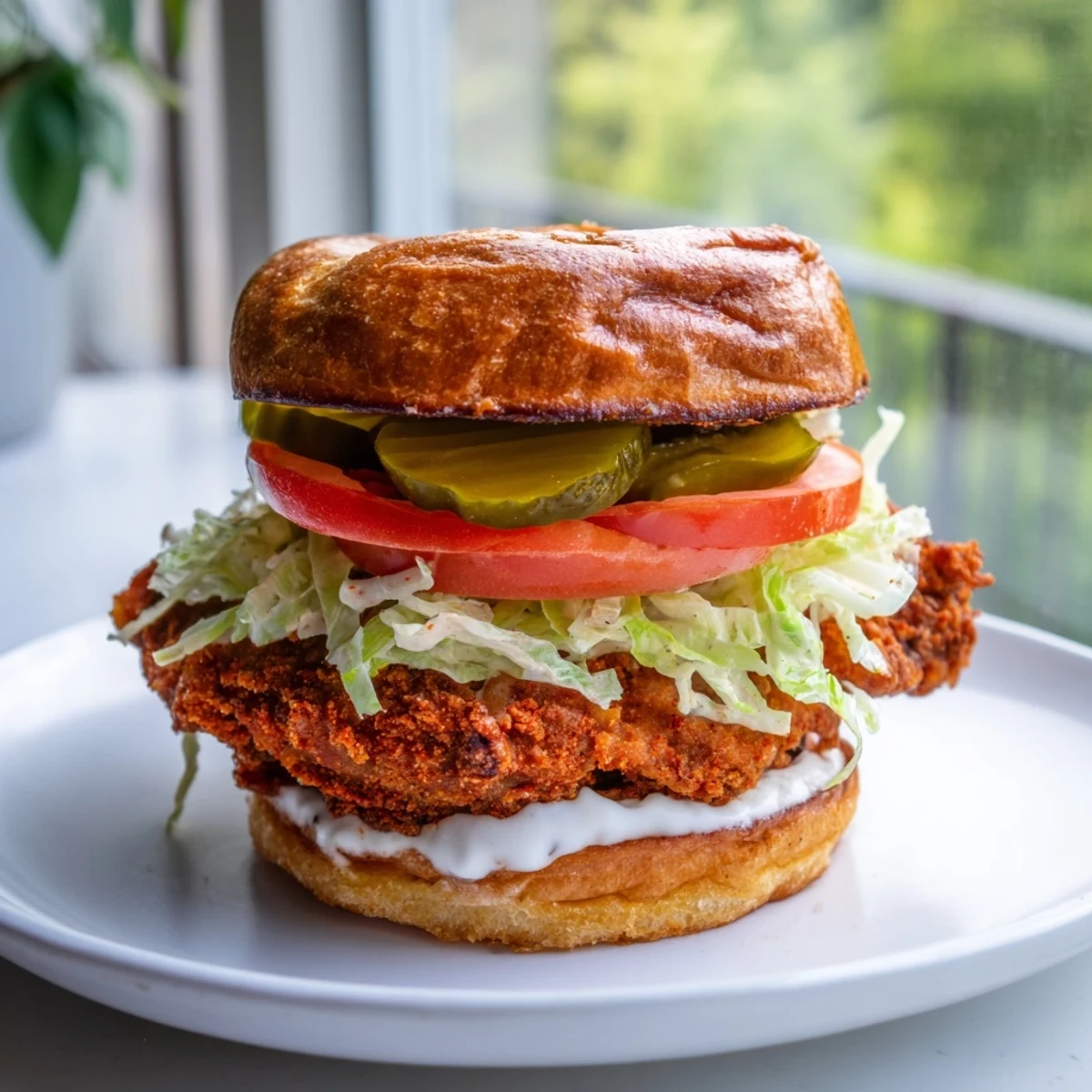 Golden crispy spicy chicken sandwich drizzled with tangy homemade sauce on toasted brioche bun