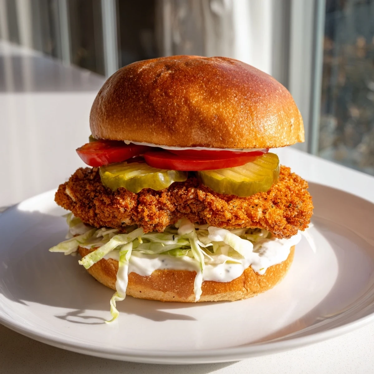 Homemade spicy chicken sandwich featuring golden brown crunchy coating cooling sauce and crisp vegetables