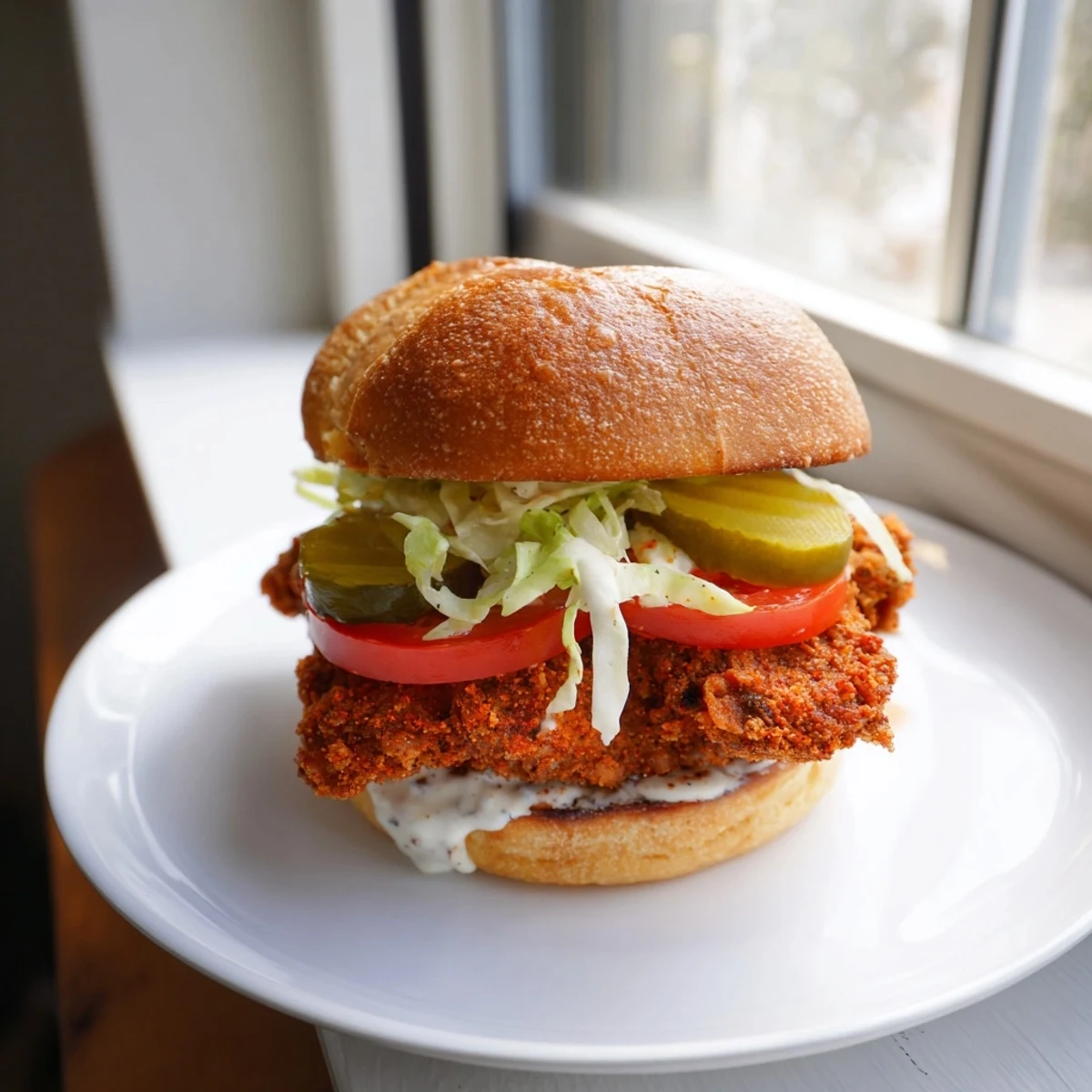 Crispy fried chicken breast sandwich topped with fresh lettuce tomatoes and creamy spicy sauce