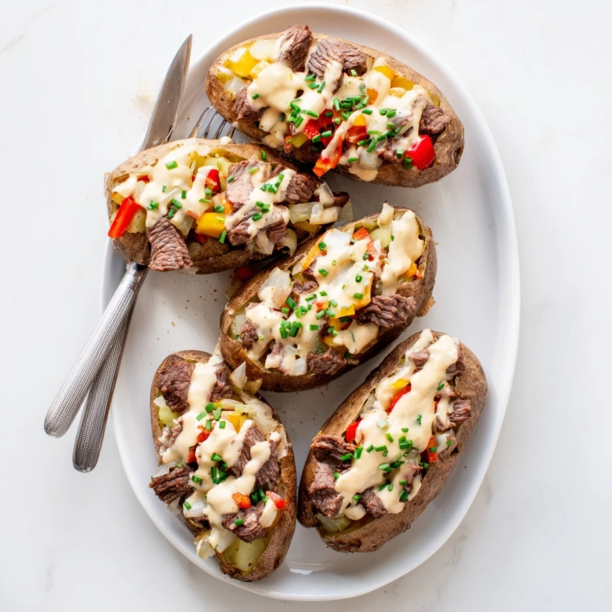 Golden baked potatoes mounded with seasoned steak cubes and drizzled with velvety Parmesan cream sauce