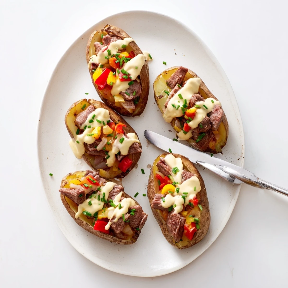 Comforting stuffed baked potatoes loaded with juicy steak pieces and finished with smooth Parmesan cream topping