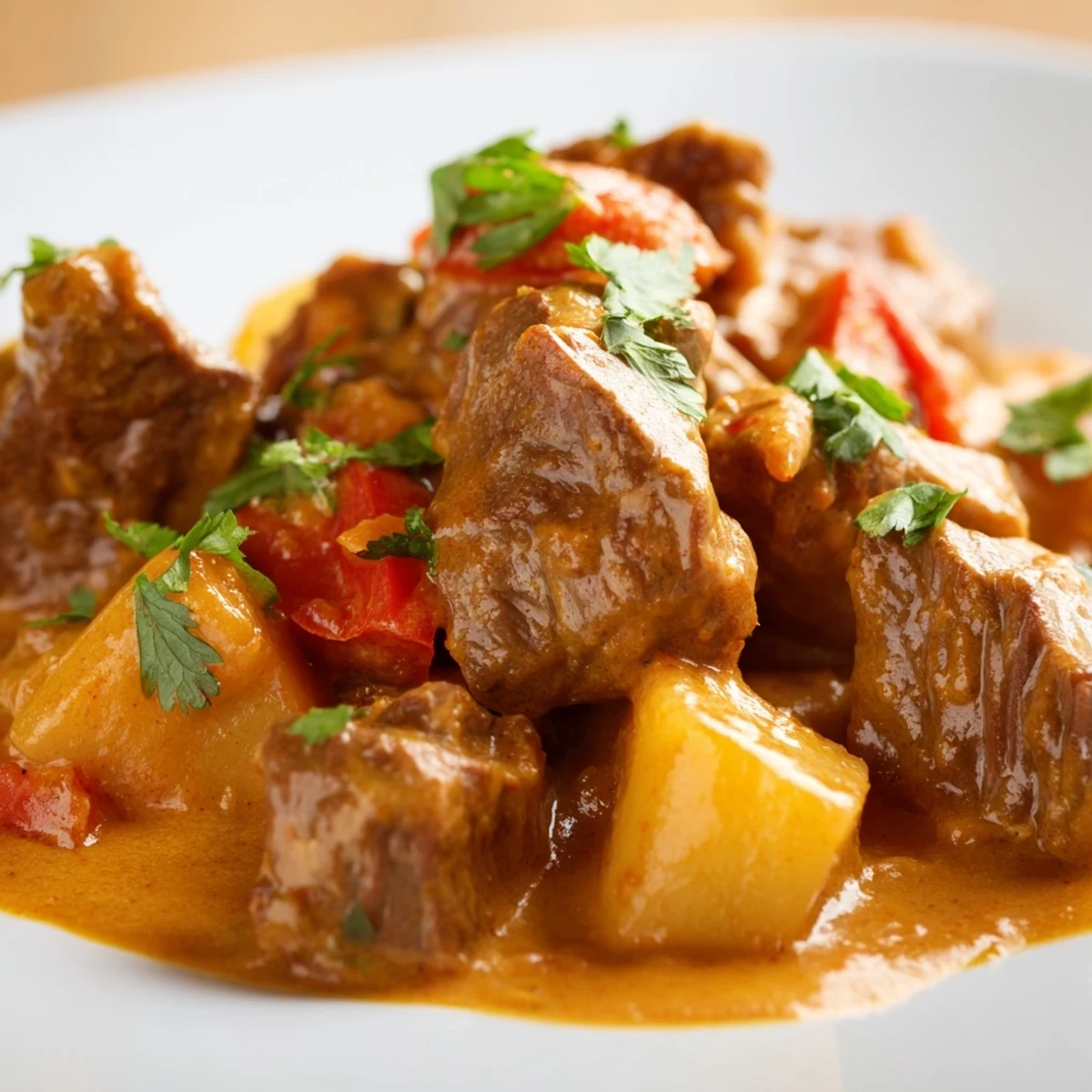 Bowl of slow cooker Indian beef curry featuring potatoes and tender beef cubes
