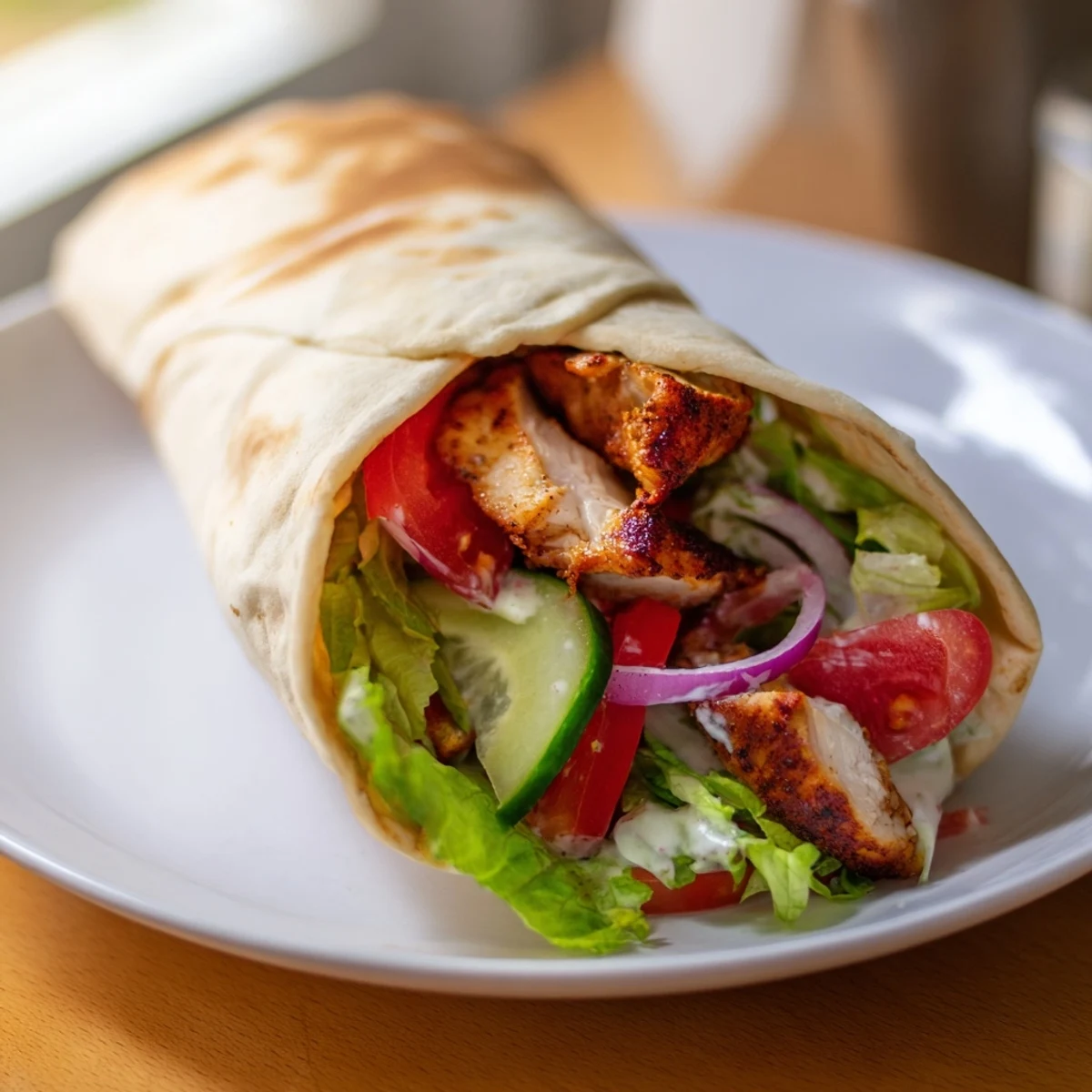 Juicy spiced chicken shawarma sliced thin with fresh vegetables in warm pita bread