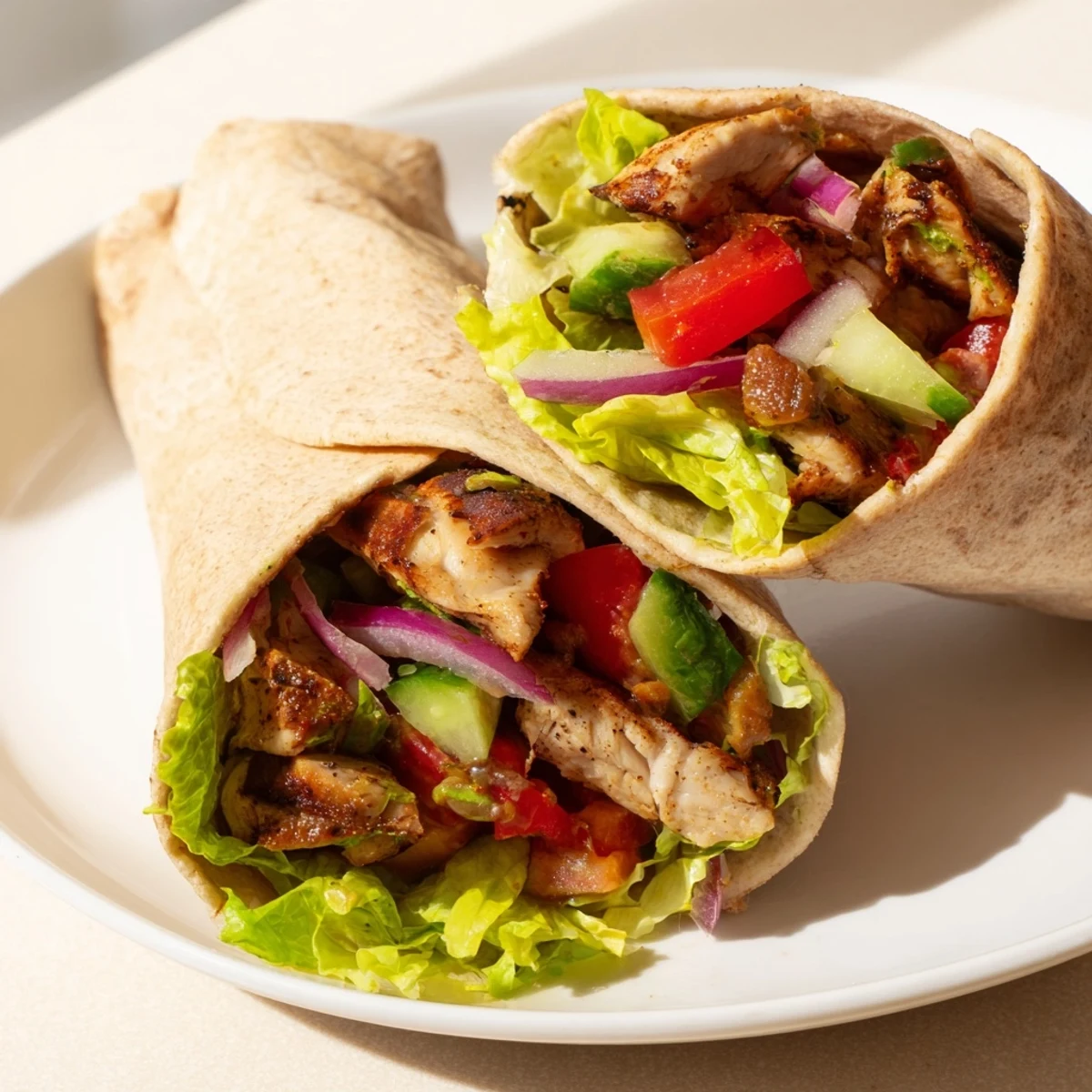 Golden chicken shawarma nestled in soft flatbread alongside colorful toppings and tangy yogurt drizzle