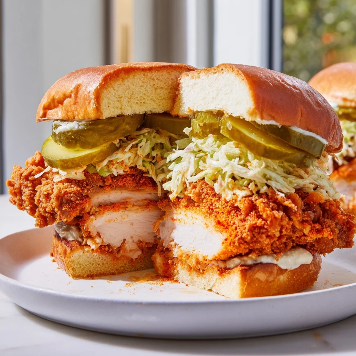Juicy buttermilk fried chicken thigh burgers layered with creamy coleslaw and pickles in soft sesame buns