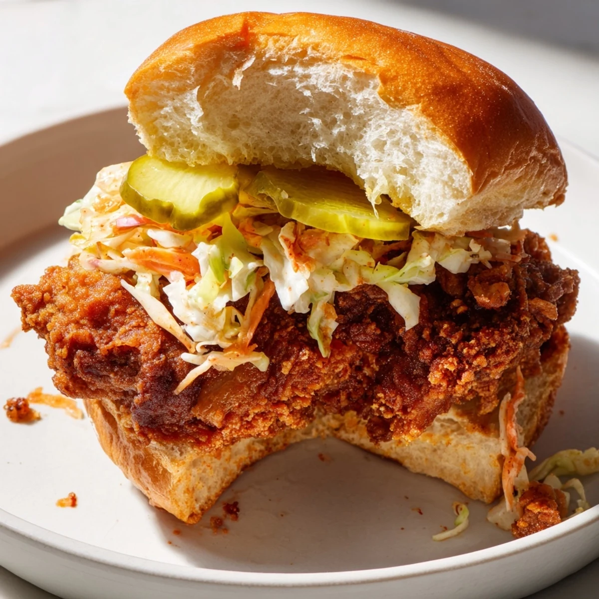 Homemade Southern fried chicken burgers featuring crunchy seasoned fillets with fresh slaw and pickle slices