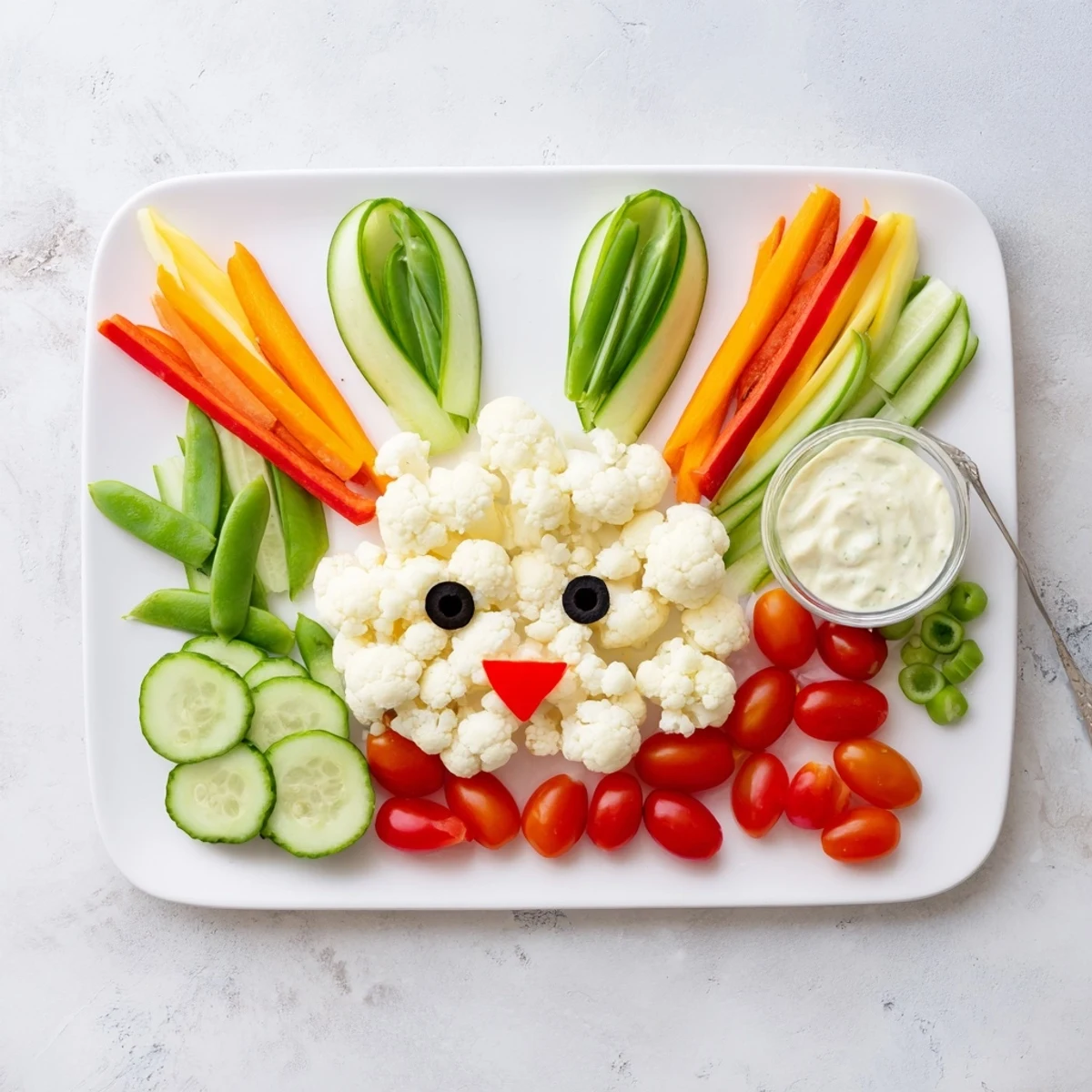 Festive Easter Bunny veggie tray featuring cauliflower face, cucumber ears, and colorful fresh vegetables arranged on a white serving platter