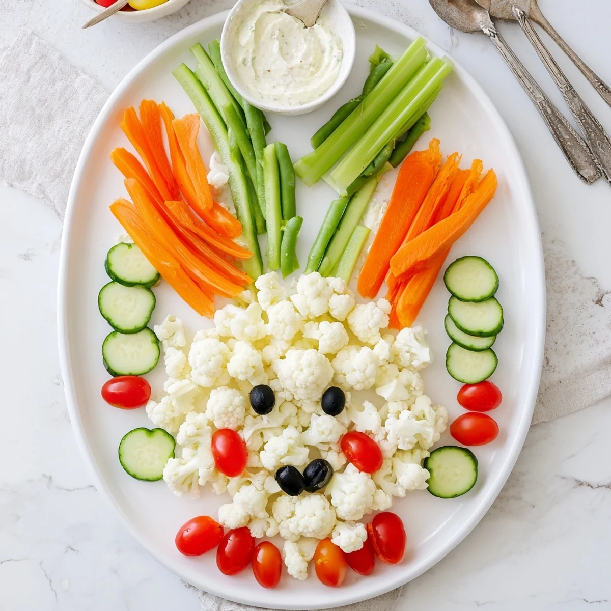 Healthy Easter Bunny veggie tray arranged with cauliflower, cucumbers, and bell peppers alongside a bowl of ranch dip for dipping