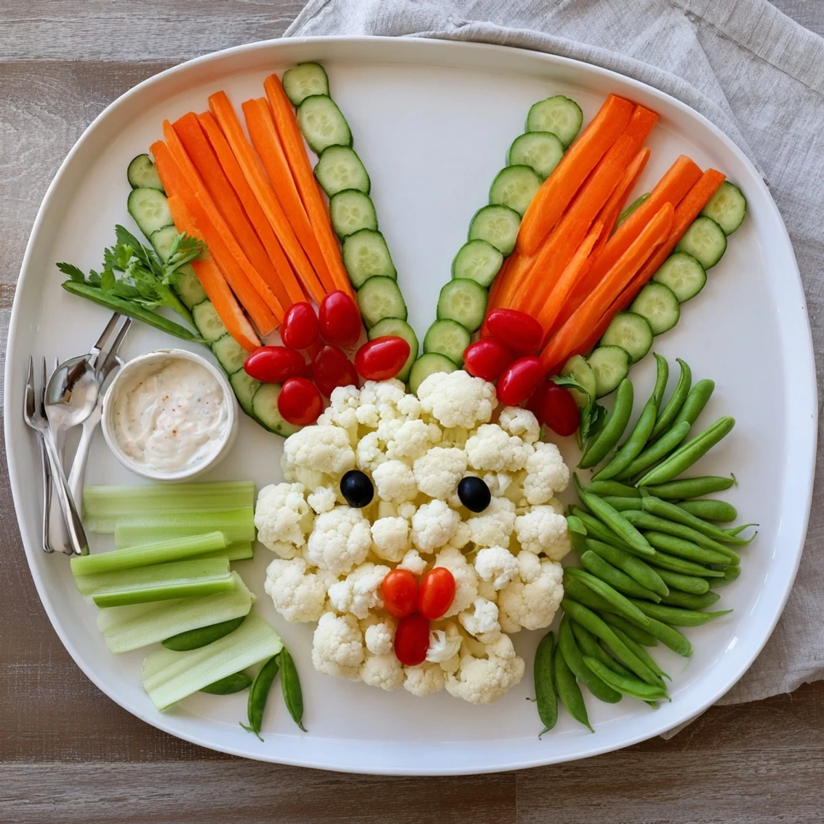 Creative vegetable platter shaped like a bunny with cherry tomato cheeks, red pepper nose, and crisp carrot whiskers for spring parties