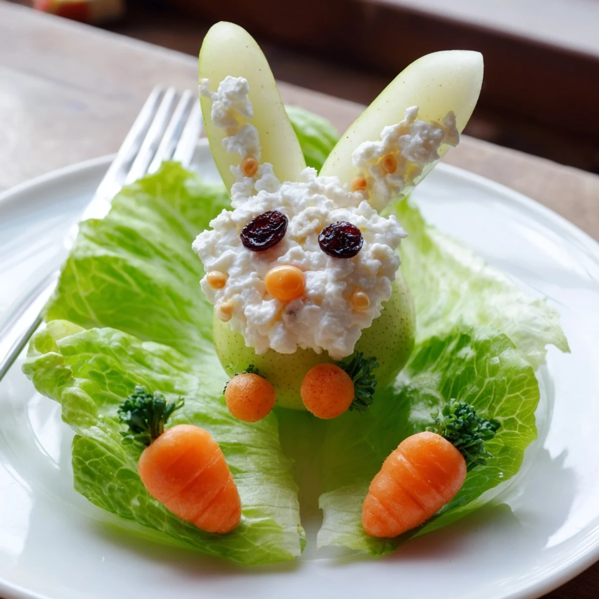 Whimsical pear bunny salad featuring cottage cheese tails and fresh carrot garnish on lettuce