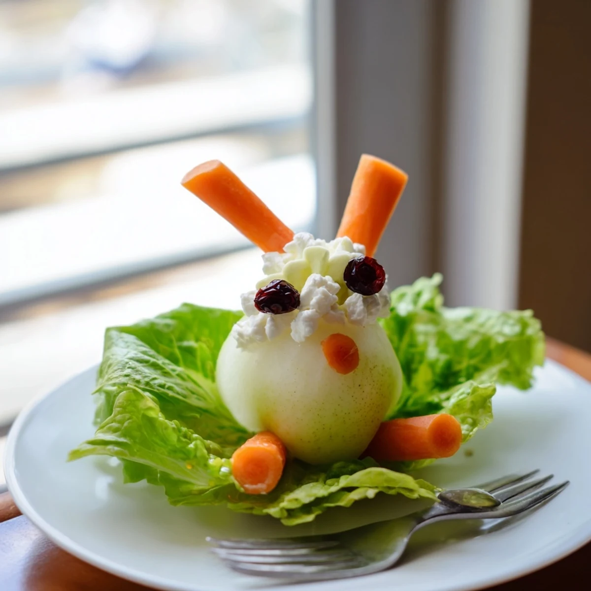 Kid-friendly pear bunny salad with maraschino cherry noses served on crisp lettuce leaves