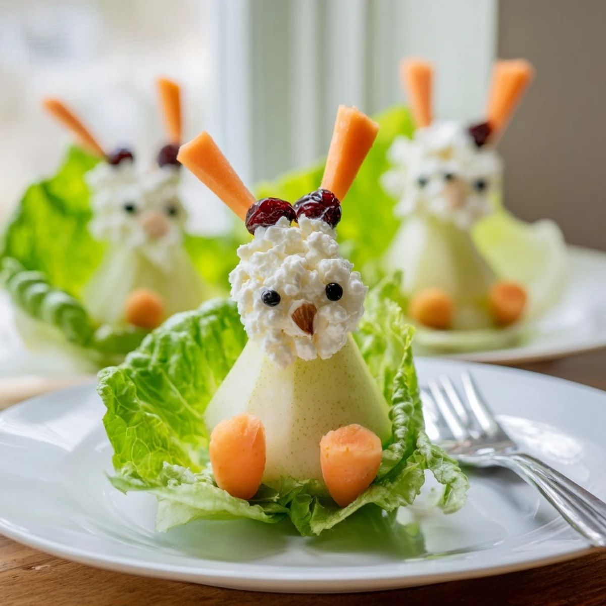 Adorable pear bunny salad arranged with raisin eyes and almond ears for Easter brunch