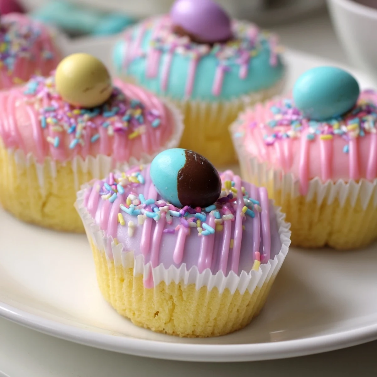 Soft sponge cakes drizzled with blue frosting and edible flower decorations