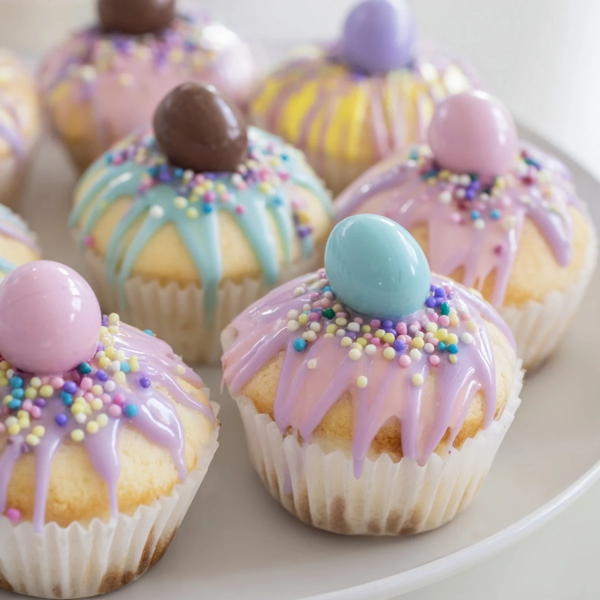 Mini Easter cakes topped with pastel pink icing and colorful mini chocolate eggs