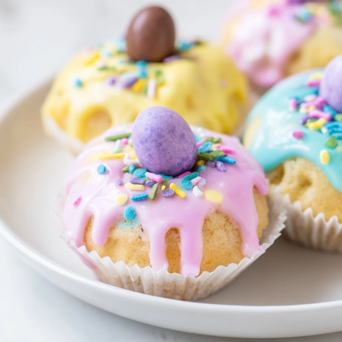 Individually-sized Easter desserts with swirls of pastel icing and spring sprinkles