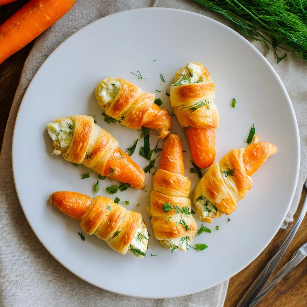 Golden stuffed crescent roll carrots filled with creamy herbed cheese and topped with fresh parsley