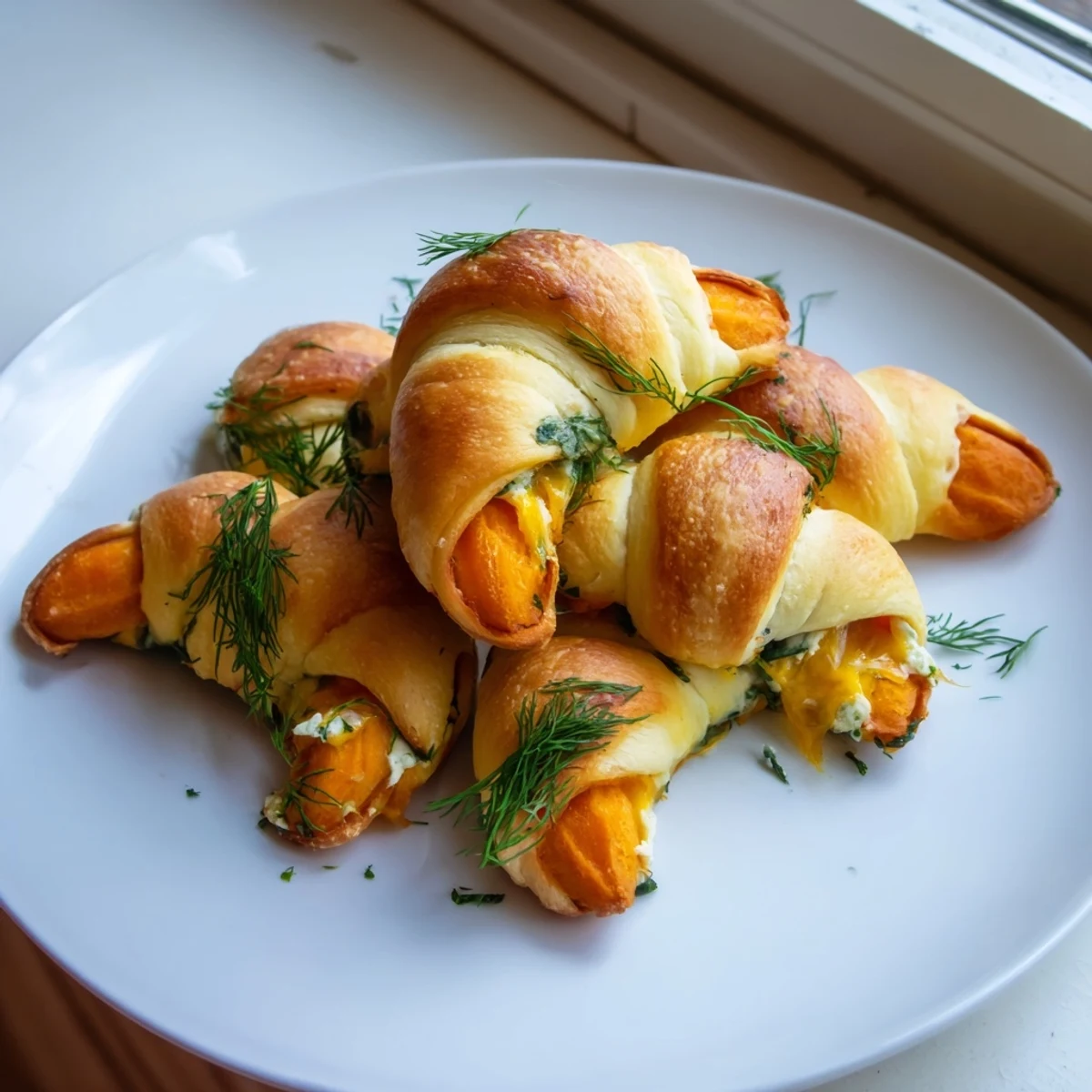 Playful crescent roll carrot appetizers with cream cheese filling and green parsley stems for Easter