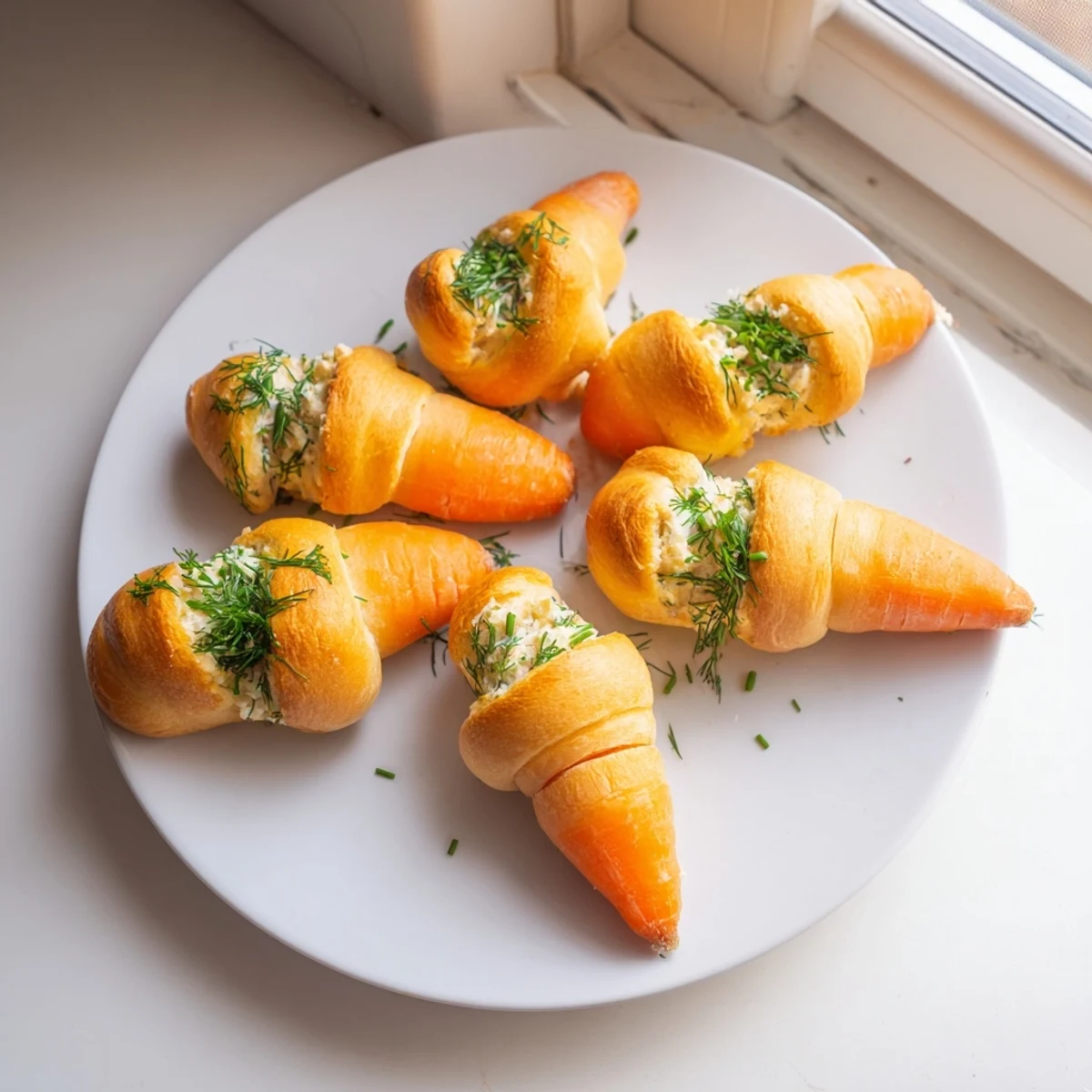 Orange baked crescent carrots stuffed with savory herb cream cheese mixture for spring parties