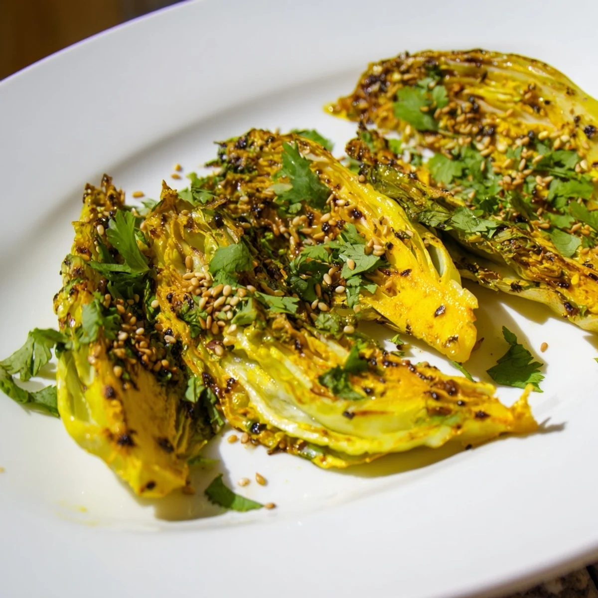 Golden roasted curry cabbage wedges with caramelized edges and tender centers on a white serving platter