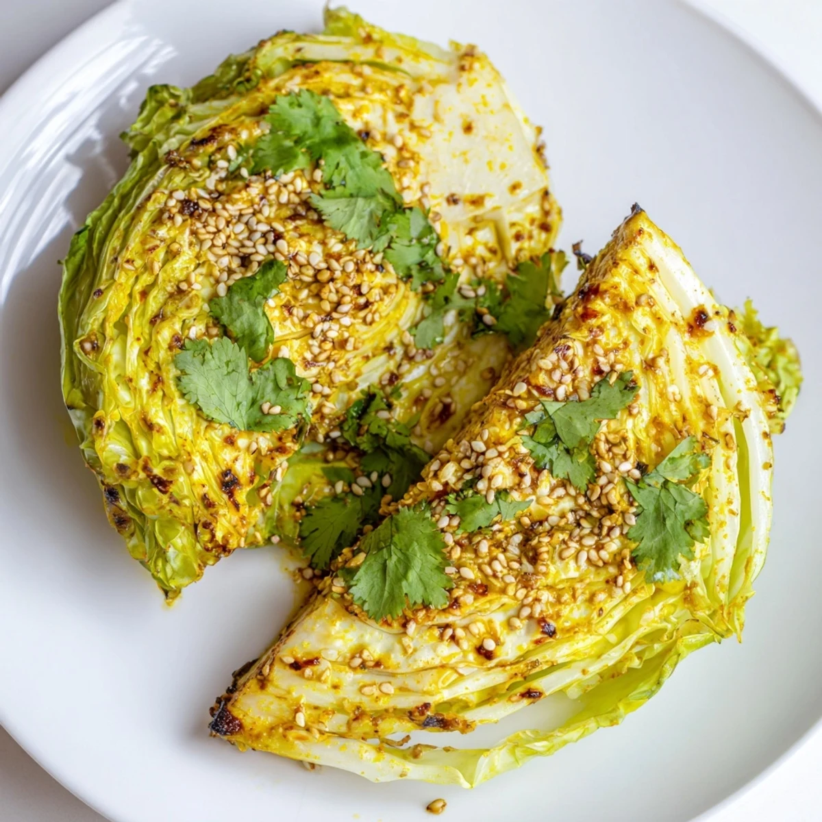 Colorful baked cabbage seasoned with aromatic curry spices and garnished with fresh cilantro sprigs