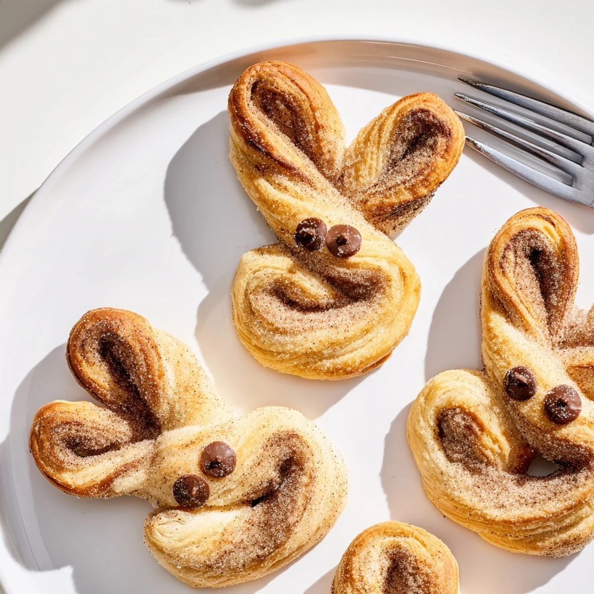 Golden brown Cinnamon Sugar Easter Bunny Twists arranged on serving plate with powdered sugar dusting