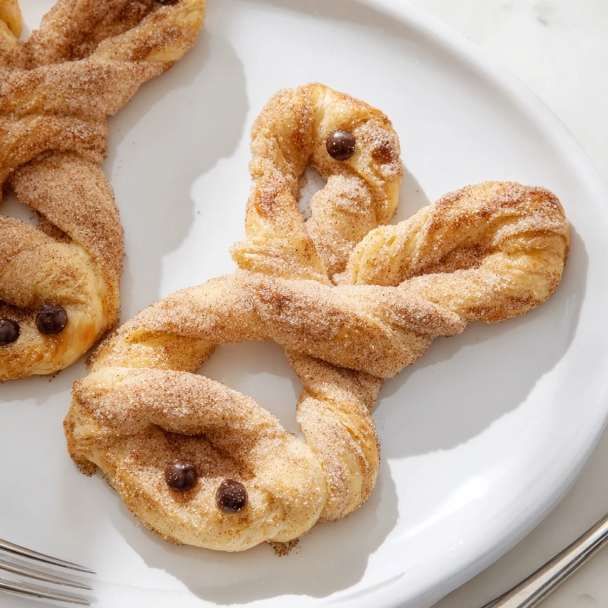 Flaky puff pastry bunny twists coated in cinnamon sugar baked to golden perfection on parchment paper