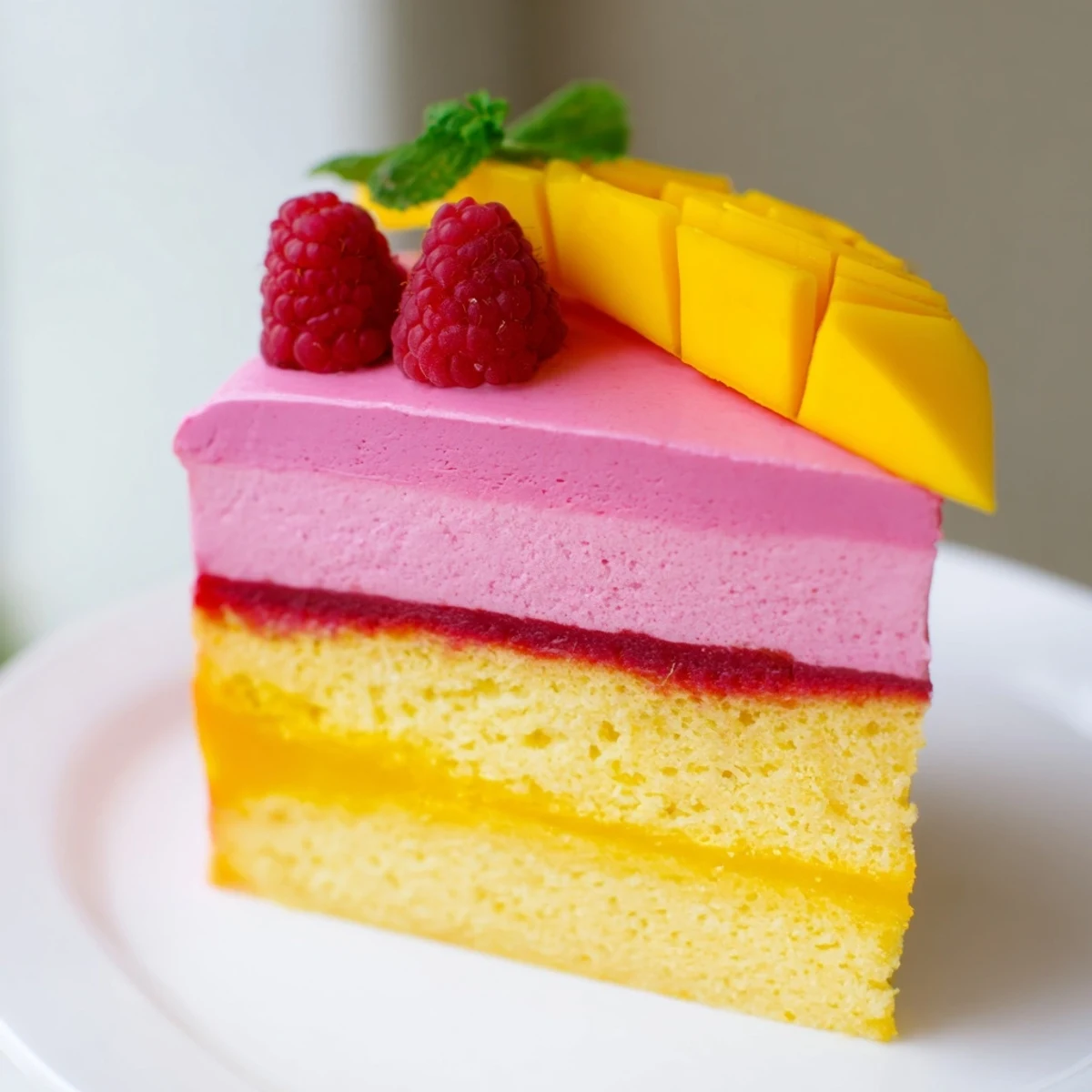Golden mango raspberry mousse cake layered with airy mousses and topped with fresh fruit slices