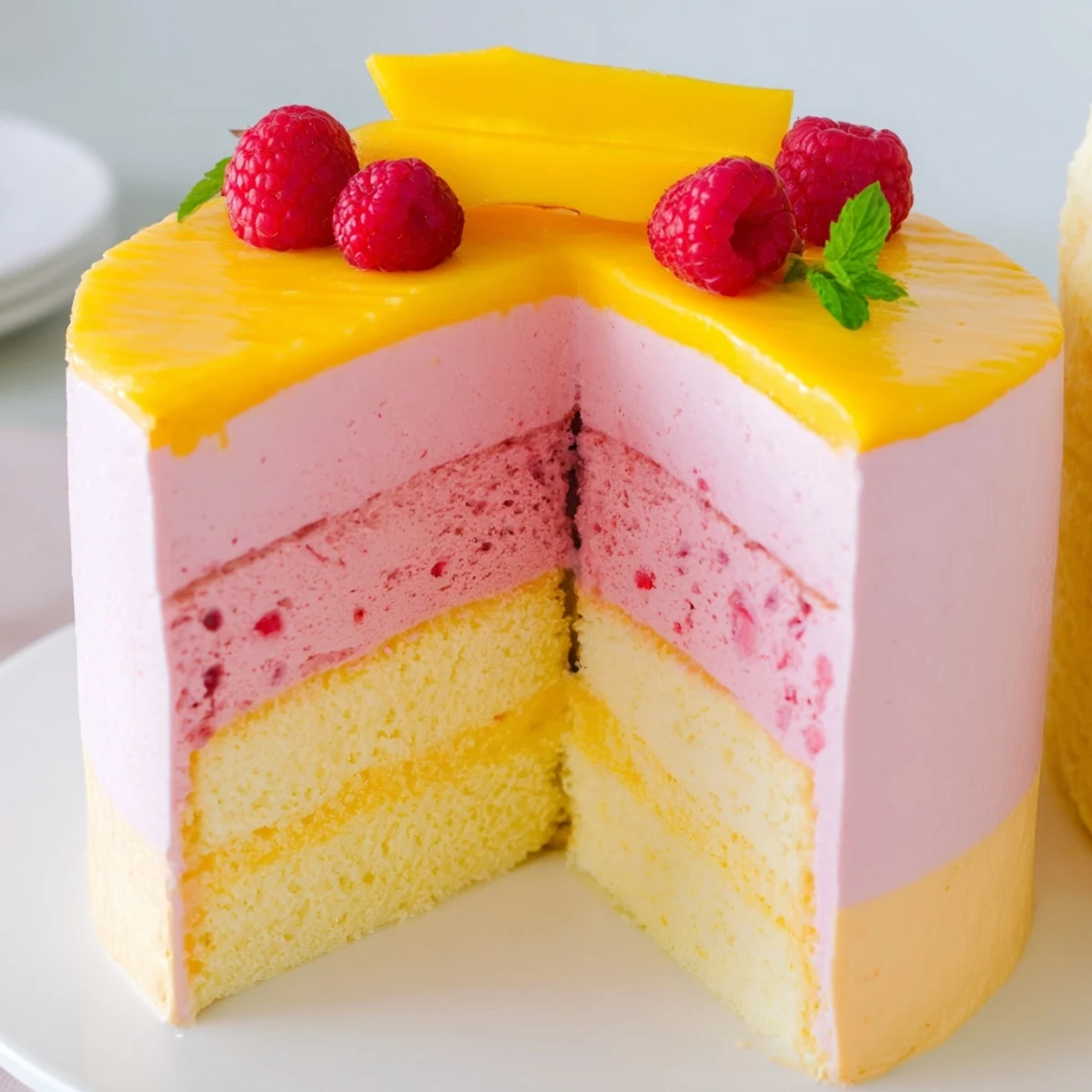 Light and fluffy mango raspberry mousse cake featuring vibrant layers of tropical and berry mousses
