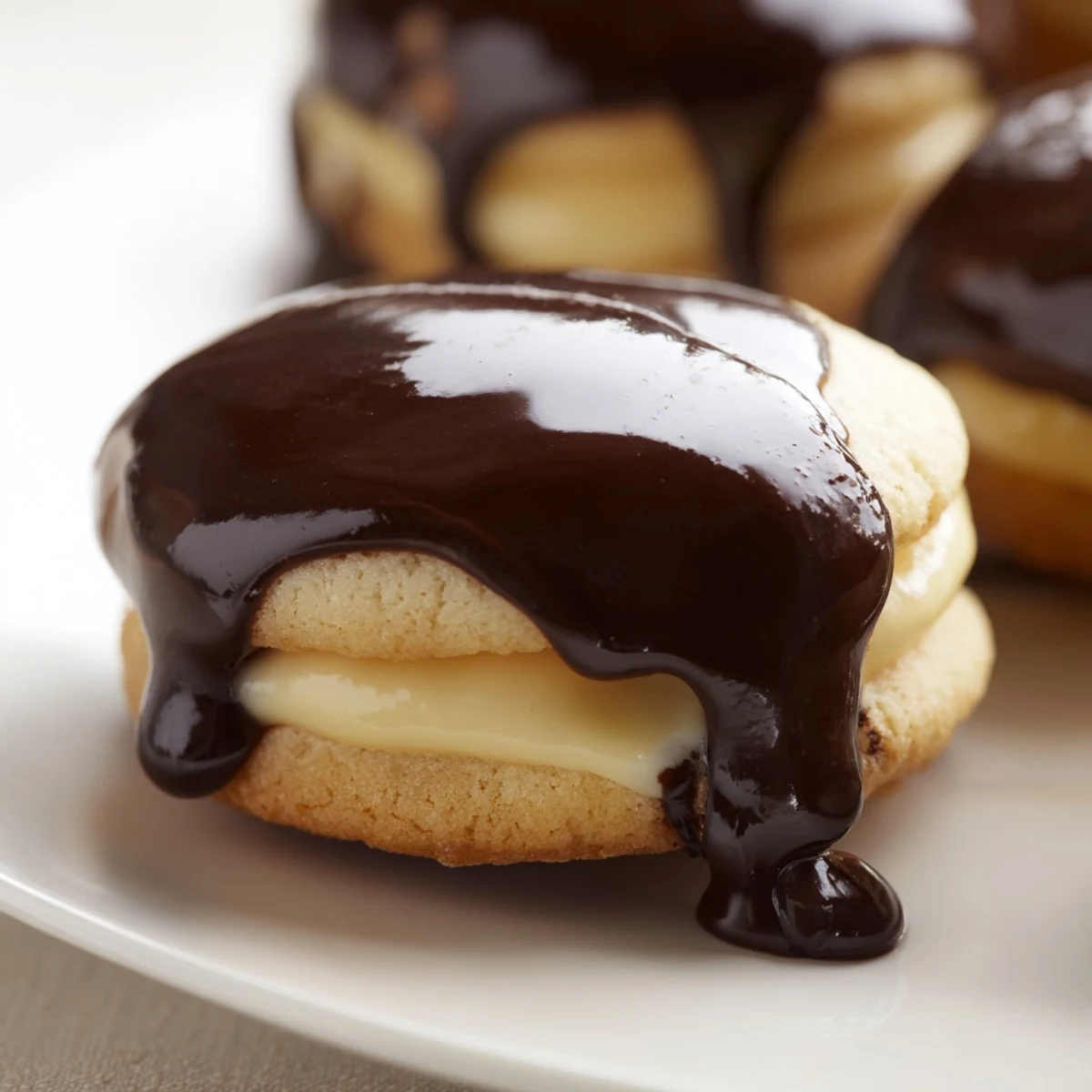 Golden brown Boston cream pie cookie bites topped with glossy chocolate glaze and vanilla custard filling